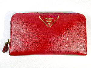 PRADA★プラダ　レザー　レッド　ラウンドジップ　長財布　中古★S11784