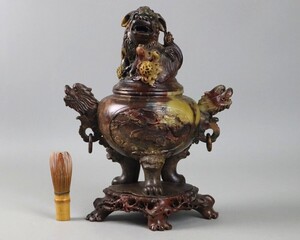 中国美術 古玩 寿山石 蝋石 細密彫刻 獅子蓋 龍鳳凰彫 大香炉 高36cm 重6kg 香道具 唐物 置物 細密細工 古美術品[c1390]