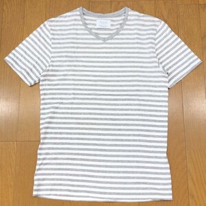 EDIFICE エディフィス Ｖネック ボーダー Tシャツ 44(S) 白 ホワイト×グレー 半袖 カジュアル 日本製 国内正規品 メンズ 紳士