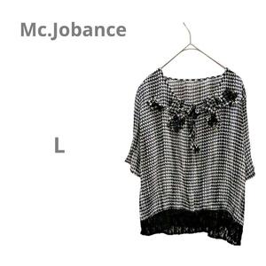 【Mc.Jobance】千鳥格子 シアーカットソー プリーツ加工 五分袖ブラウス 黒 L