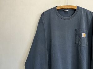 雰囲気系グッドカラーCARHARTTカーハート長袖クルーネックワンポイントポケットTシャツLネイビー紺100綿アメカジストリートワークnr24100