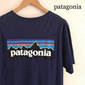 patagonia /SLIM FIT /パタゴニア メンズM 半袖Tシャツ プリントTシャツ トップス ビッグロゴ 背中ロゴ ネイビー アメカジ アウトドア 古着