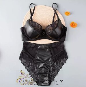 美品 超絶SEXY PUレザー レディース インナー 上下セット ブラジャーショーツセット 下着 パンツ 脇肉 脇高 75D 美胸 ブラック