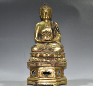 【古寶奇蔵】銅製・塗金・雙蓮花釋迦如來像・置物・賞物・中国時代美術
