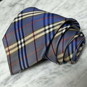 【美品】 999円～ BURBERRY ネクタイ ノバチェック 定番 人気 ブルー系 総柄 （B4）