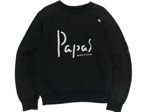 高級 Papas パパス クルーネックスウェット カジキワッペン 刺繍 ワンポイント&バックビッグロゴ ブラック 黒 MADE IN JAPAN