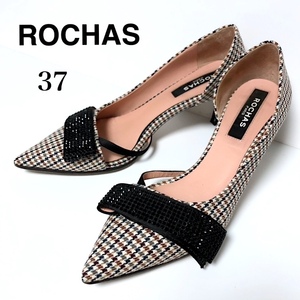 二点以上で送料無料！ 2A56【美品】ROCHAS ロシャス リボン チェックパンプス ハイヒール size37 レディース 23.5〜24㎝ マルチ×ブラック