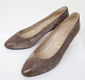 サルヴァトーレ フェラガモ SALVATORE FERRAGAMO ＊パンプス ヒール レザー 本革 スエード キャップ　＊4 1/2 D size（22.0cm） レディース