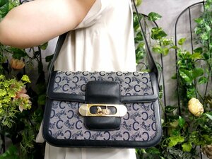 ●超美品●CELINE セリーヌ●Cマカダム●馬車金具●キャンバス カーフ レザー 本革●ワンショルダー バッグ●ネイビー 白●G金具●Js47157