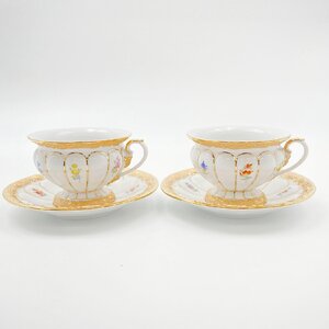 1円～ Meissen マイセン Xフォーム ホワイト 金彩 小花 カップ＆ソーサー 2客 05-3293622