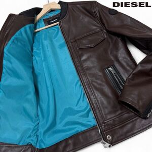 極美品/Lサイズ●DIESEL ディーゼル レザージャケット シングルライダース ブルゾン 牛革 4ポケット レザーパッチロゴ ダークブラウン 黒