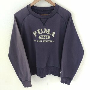 (^w^)b PUMA プーマ 80s 90s ビンテージ フロッキープリント 長袖 プルオーバー スウェット ラウンドネック 裏起毛 トレーナー 紺 10138DD