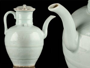 【琴》送料無料 中国美術 青白磁陽刻 水注 高21cm TT794