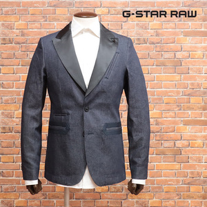 1円/G-STAR RAW/XSサイズ/訳 タキシード デニム ジャケット TUXEDO BLAZER D17599-C518 サテン剣襟 上品 新品/紺/ネイビー/jh175/