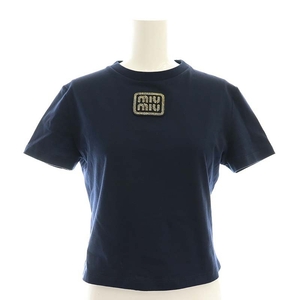 ミュウミュウ miumiu 23年 MJN483 Cotton jersey T-shirt Tシャツ カットソー 半袖 XS 紺 ネイビー /HK ■OS レディース