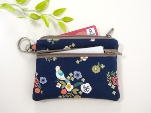 ハンドメイド〈キーリング付〉ダブルファスナーポーチ/mini　 Secret garden＊小鳥と花 〈13×9〉 