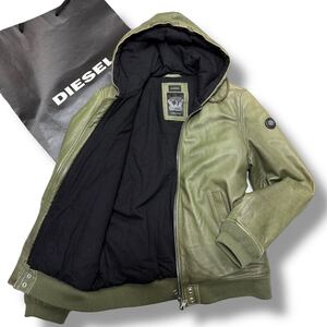 美品◎Lサイズ/希少色グリーン ●DIESEL 87 ディーゼル ラムレザー ジップアップ ブレイブマン 羊革 パーカー ジャケット カーキ メンズ