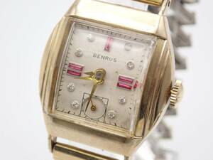 稼働品☆1円～☆BENRUS ベンラス 手巻き レディース腕時計 スモセコ 812137 10K GOLD PLATE アンティーク カットガラス 石付文字盤/REC726