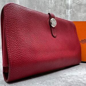 【美品】エルメス HERMES ドゴンGM 長財布 二つ折り 小銭入れ レザー レッド 赤 シルバー金具 レディース □G刻印 2003年 