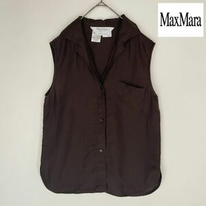 Max Mara マックスマーラ ベスト シャツベスト ブラウスベスト 重ね着 レイヤード 透け感 胸ポケット リネン100% 麻 ブラウン 茶色 size 36