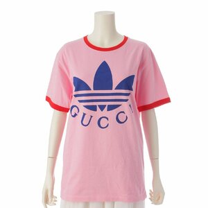 【グッチ】Gucci　アディダス コラボ 22SS LOGO PRINTED TEE ロゴ コットン Tシャツ 702612 ピンク S 【中古】190358