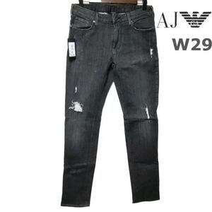 新品タグ付き ARMANI JEANS アルマーニ ジーンズ メンズ ブラック デニム パンツ J06 スリム ストレッチ スキニー 黒 W29 Sサイズ