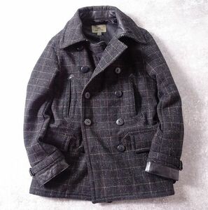 Nigel Cabourn ナイジェルケーボン ウール ミリタリー ピーコート Pコート レザー切替 チェック ツイード 牛革 ストラップ (46) ●r-229