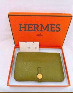 貴重】エルメス　ドゴン２つ折り長財布　小銭入れ　 グリーン　ゴールド　刻印あり HERMES