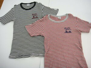 1円～ Langlitz Leathers ラングリッツレザー メンズ 半袖Tシャツ Lサイズ ボーダー レッド/ブラック ロゴ刺繍 コットン