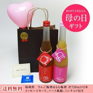 お誕生日 風船セット果物梅酒2本セット りんご梅酒 もも梅酒 (福岡県)合計720ml×2本 メッセージカード ハート風船 ミニチョコ