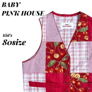 BABY PINK HOUSE チェリーチェックパッチワークベスト 80cm ベビーピンクハウス さくらんぼ 赤　レッド