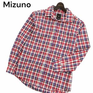 Mizuno OUTDOOR ミズノ 通年 長袖 胸ロゴ★ チェック シャツ Sz.L　メンズ アウトドア 赤　C4T01239_2#C