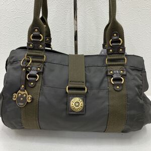 □48−2870　Kipling キプリング トートバッグ カーキ グリーン系 大容量 肩がけ レディース モンキーチャーム カジュアル 