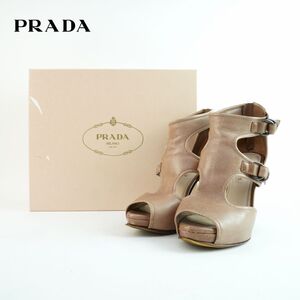 PRADA プラダ 37 24.0 サンダル イタリア製 ヒール バックジップ バックル レザー ブラウン 箱付き/OC46