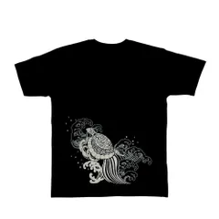 M_腰と胸に柄 波亀 黒 [江戸てん] Tシャツ 6.8オンス 和柄 味のあるスラブ生地に抜染 メンズ 腰と胸に柄 波亀 黒 M