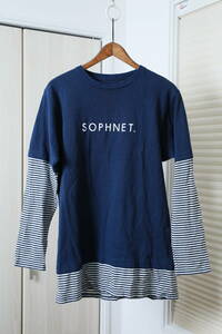 ★日本製SOPHNET. ソフネット レイヤード加工プリント長袖Tシャツ　　古着ユーズド男性メンズS青ネイビーブルーカットソートップススポーツ