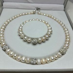 本真珠ネックレス＋本真珠ブレスレット　8mm 42cm 17cm パールネックレス Pearl necklace 無核パールネックレス