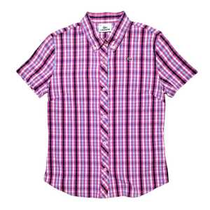 【カジュアル】LACOSTE ラコステ 半袖 ボタンダウンシャツ レディース サイズ38 ピンク系 チェック柄 ワンポイント刺繍ロゴ