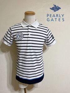 【美品】 PEARLY GATES GOLF パーリーゲイツ ゴルフ ドライ 鹿の子 ポロシャツ トップス サイズ4 半袖 ボーダー柄 白 ネイビー 053-9160303