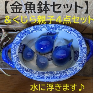 【金魚鉢＆くじら親子4点セット】双耳金魚鉢 楕円 陶器　浮陶器 浮き玉 浮き球 金魚鉢　ビオトープ　めだか鉢　メダカ鉢　睡蓮鉢　陶器