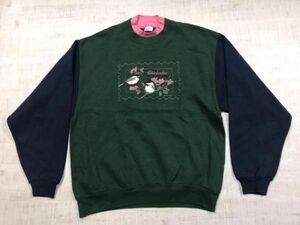 USA製 ジャージーズ JERZEES 花鳥 刺繍 オールド スーベニア 90s 古着 スウェット トレーナー レディース フェイクレイヤード L 緑