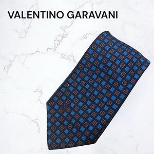 1円～ VALENTINO GARAVANI ヴァレンティノガラヴァーニ メンズネクタイ シルク100% 絹 ブルー系 パターン柄 ロゴ 総柄 イタリア製 ビジネス