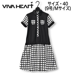 春夏/ビバハート/洗える! 速乾ドライ 半袖 ワンピース/40/黒×白【クリーニング済み】VIVA HEART/ブラウス/シャツ/チュニック/9号