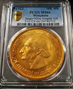 ●ドイツ(ウェストファリア州) 1923年 PCGS MS66 10000マルク貨 GILT / ハイパーインフレ緊急貨 / 金メッキ銅