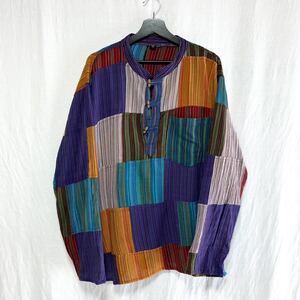 良品 80s 90s ストライプ ネパールシャツ パッチワーク XXL ユーロ ヨーロッパ アメカジ 長袖 シャツ