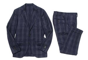 定価15万 美品 LARDINI ラルディーニ ウールカシミヤ フランネル チェック スーツ セットアップ ダークネイビー メンズ 44 秋冬物