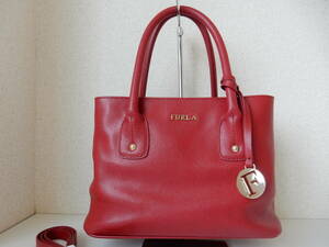 イタリア製☆本革☆FURLA(フルラ)☆2WAYハンドバッグ(ショルダーベルト付き)レッド(保存袋付き)