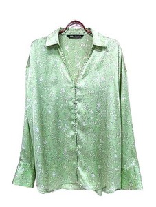 【中古】ZARA ザラ　トップス 　レディース ブラウス グリーン 花柄 Lサイズ