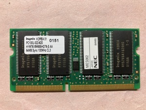 ★送料込み★ ノートパソコン用 hynix製 PC100 64MB×1枚 SO-DIMM SDRAM 144pin 中古品 動作OK