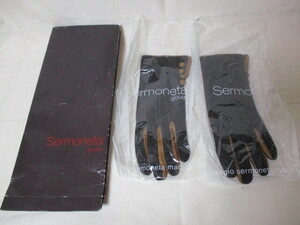 Sermoneta gloves セルモネータ・グローブス●未使用 レザー手袋 黒×キャメル 7 内側カシミヤ